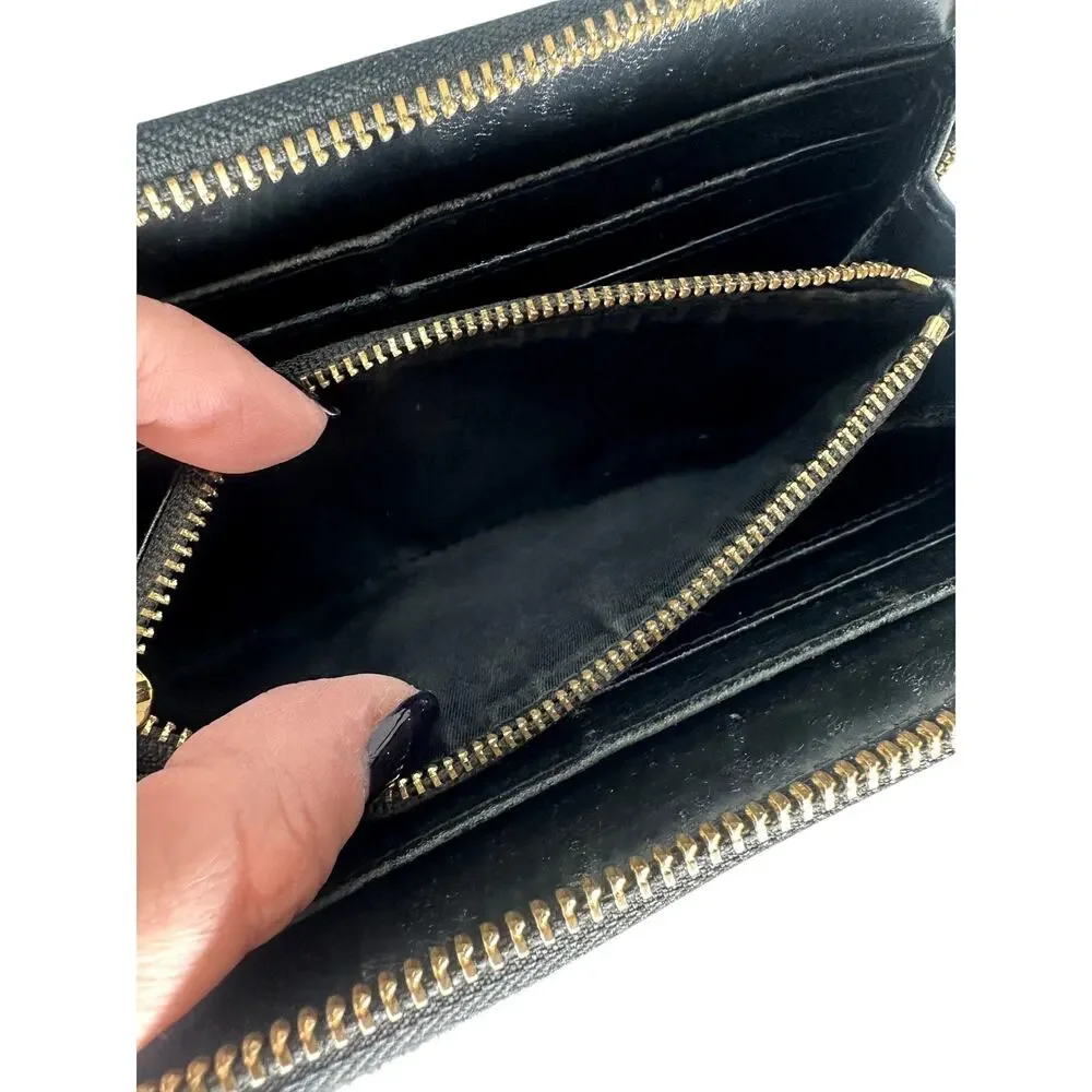 Tory Burch Black Patent Leather Embossed Logo Zip Around Continental Wallet OS
